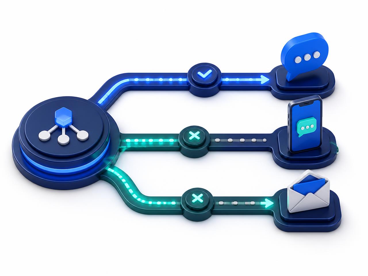 Routing hub cascading an OTP across WhatsApp, SMS, and email delivery lanes with fallback