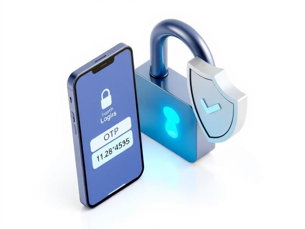 3D isometric illustration of a smartphone receiving a login OTP code next to a padlock