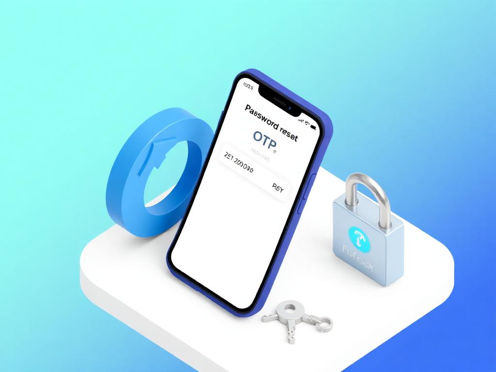3D isometric illustration of a smartphone displaying a password reset OTP code next to a reset arrow and key
