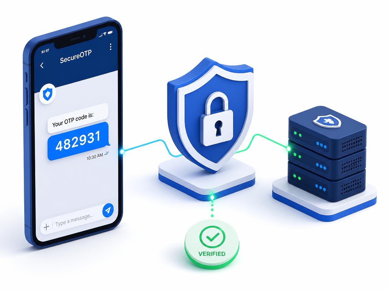 Illustration of an OTP code delivered to a phone, verified through a secure gateway